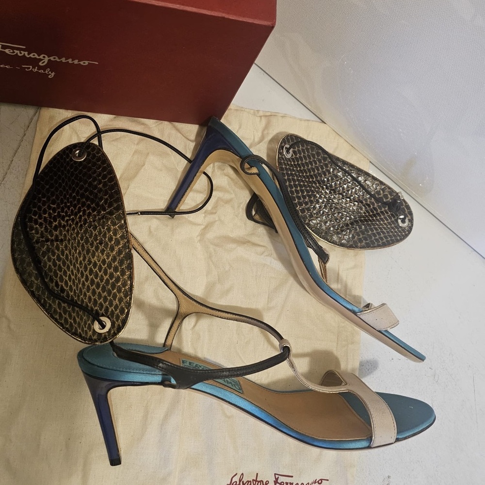 Salvatore Ferragamo Multicolor Leather & Snakeskin Slingback Heels - Picture 4 of 8